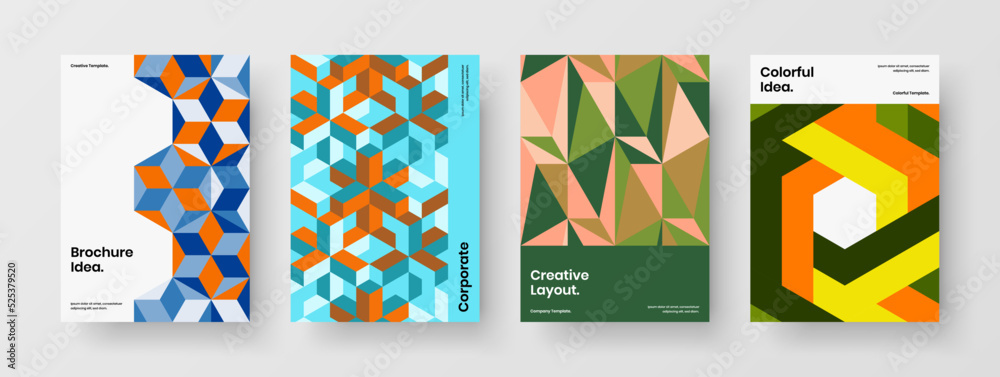 Fototapeta premium Multicolored mosaic hexagons front page layout collection. Simple company identity vector design template set.