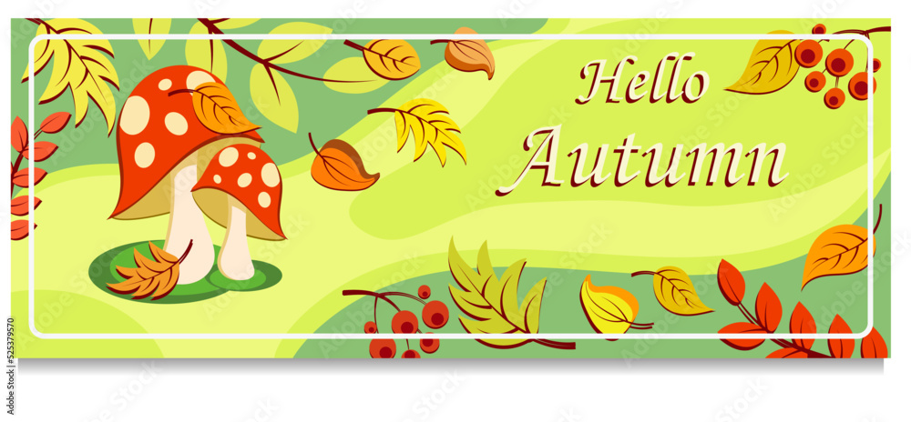 Autumn mood greeting card poster template. Welcome fall season thanksgiving invitation. Minimalist postcard nature leaves, trees, pumpkins, abstract shapes. Vector in flat cartoon style