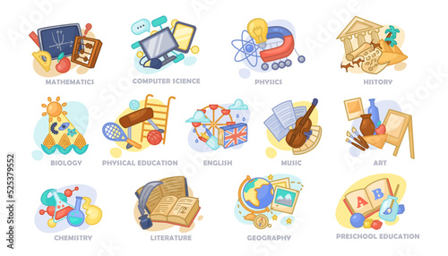 Different school subjects vector illustrations set. Colorful cartoon drawings of books, preschool or school classes elements for children isolated on white background. Education, school concept