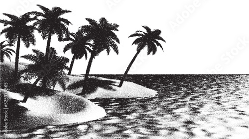 Beach or tropical island coast landscape with palm tree over sea in retro dotwork style.