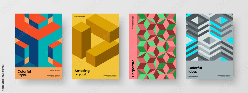 Multicolored leaflet design vector template bundle. Fresh mosaic hexagons journal cover concept set.