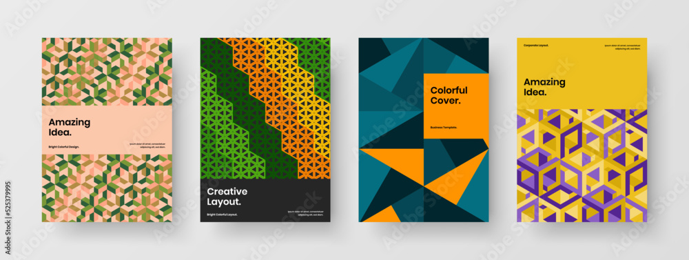 Fototapeta premium Original geometric tiles placard illustration set. Multicolored company cover A4 design vector concept composition.