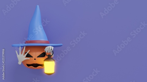 Pumpkin in hat. 3d illustration for Halloween.