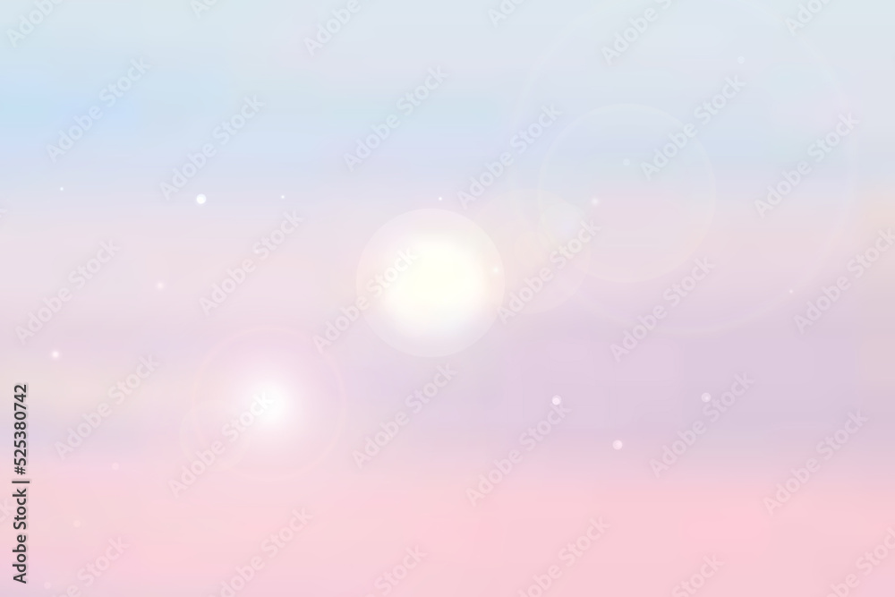 Abstract sunset illustration. Abstract evening or sunset mood background texture with light pink ocean and pastel colored bokeh lights and blue  sunny sky. Beautiful sunset.