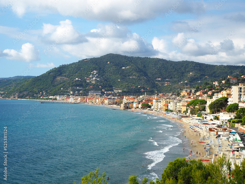 Beautiful panorama of the famous resort of Alassio from the hill of Santa Croce, western Liguria, Italy