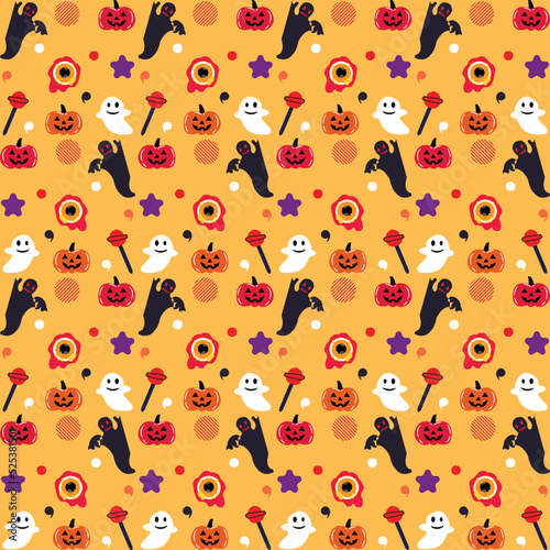 Halloween orange festive seamless pattern. Endless background with pumpkins, skulls, bats, spiders, ghosts, bones, candies, spider web and speech bubble with boo