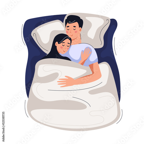 Couple sleeping sweetly in bed. Routine, healthy sleep concept. Vector flat illustration.