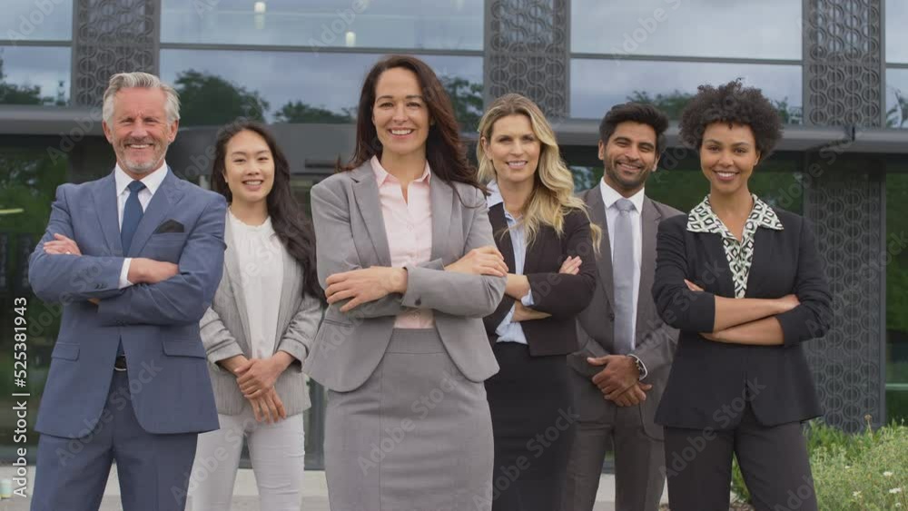 Portrait of smiling multi-cultural business team standing outside modern office - shot in slow motion Portrait of smiling multi-cultural business team standing outside modern office - shot in slow motion