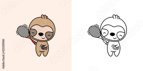 Cute Sloth Sportsman Clipart Illustration and Black and White. Funny Clip Art Animal Athlete. Vector Illustration of a Kawaii Animal for Coloring Pages, Stickers, Baby Shower, Prints for Clothes.
