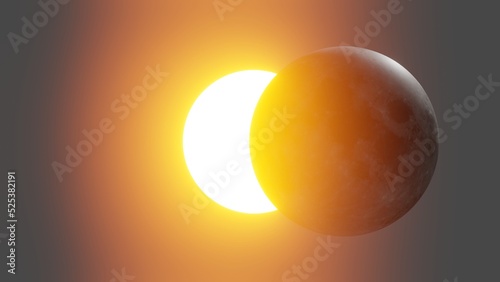 sun and moon, 3d rendering of half solar eclipse, natural phenomena
