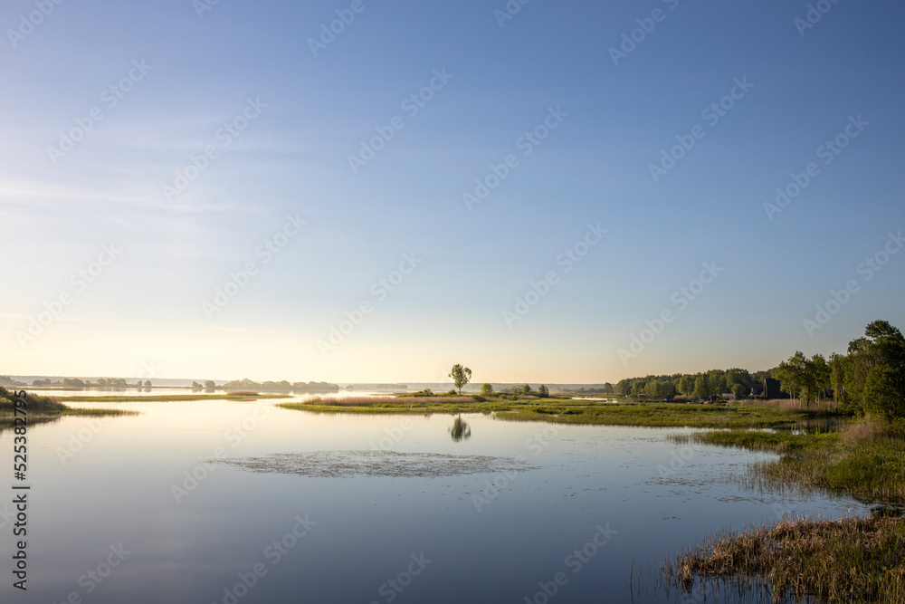 Scenic landscape with foggy river and forest on the horizon. Mystical morning landscape on the pond. Dawn over the lake.