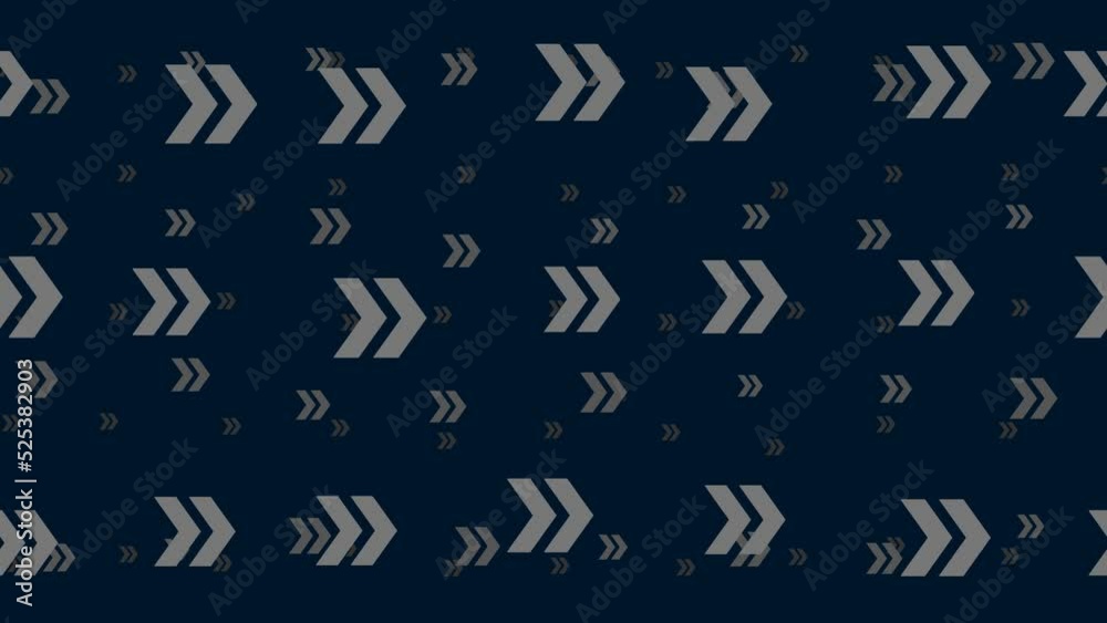 Double arrow symbols float horizontally from left to right. Parallax fly effect. Floating symbols are located randomly. Seamless looped 4k animation on dark blue background