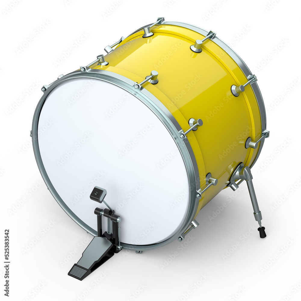 Realistic drum with pedal on white background. 3d render of musical instrument Realistic drum with pedal on white background. 3d render of musical instrument