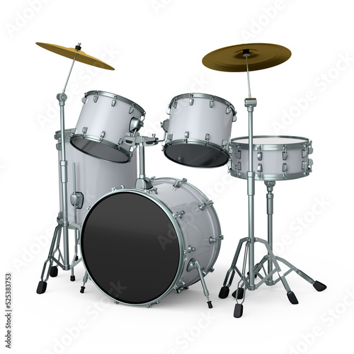 Foto Set of realistic drums with metal cymbals or drumset on white background