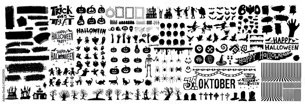 Big set of halloween silhouettes black icon and character. Design of witch, creepy and spooky elements for halloween decorations, sketch, icon, sticker. Hand drawn vector solated background. - obrazy, fototapety, plakaty 