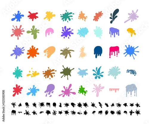 Big set of paint splatter colorful. Round splash colored flat, decorative shapes liquids. Different splashes and drops, cartoon style spatter. Stain colored ink collection. Vector illustration.