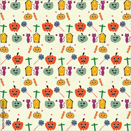 Halloween decorative seamless pattern. halloween seamless background. Seamless pattern with black cat, pumpkin, ghost, spider web on gray background for fabrics, paper, textile, gift wrap