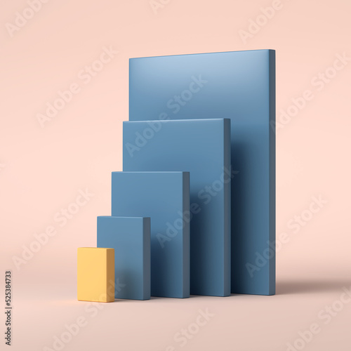 A small domino can fall over a large one. 3D Scene.
