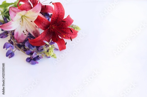 A festive bouquet with red lilies on a white background. A bright floral arrangement. Background for a greeting card.