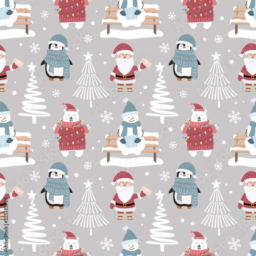 Christmas seamless pattern with cute cartoon penguin, polar bear, Santa Claus, snowman and christmas tree. Can be used for fabric, wrapping paper, scrapbooking, textile, banner and other design.