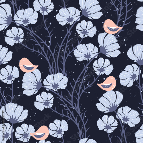 Seamless pattern with blooming cosmea branches and birds. Wildlife silhouette, dark floral background. Vector hand drawn illustration, garden in folk style.