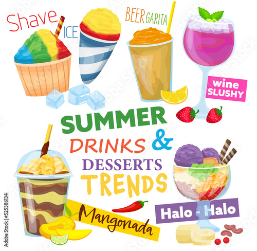 Ice-based desserts with blending ice, syrups and fruits.