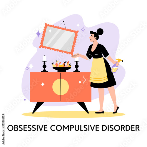 Woman cleaning maniacally, obsessive compulsive disorder concept, flat vector illustration isolated on white.