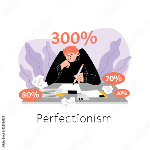 Man tries to perform his work for three hundred percent, flat vector illustration isolated on white background.