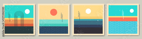 Vector illustration. Bauhaus. Mid century modern graphic. 70s retro funky graphic. Grunge texture. Minimalist landscape set. Abstract shapes. Design elements for social media, blog post, banner, card