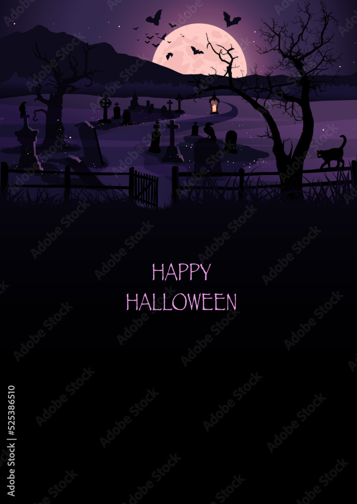 Halloween cemetery night background, banner for greeting card. Moon, bats, scary tree, black cat, crow, tombstones and graves