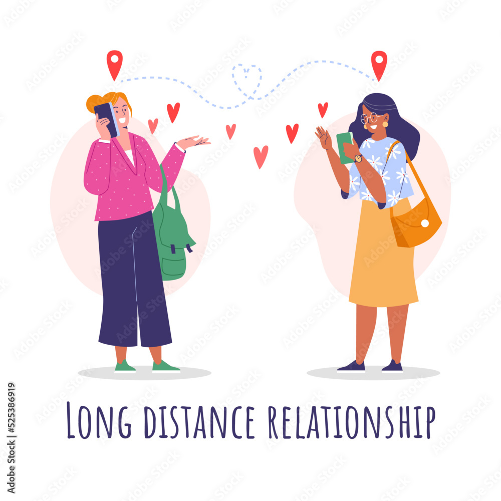 Long distance relationship concept, gay couple talking on the phone, flat vector illustration on white background.