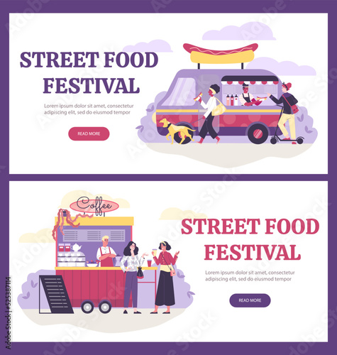Street food festival advertising banners and leaflets flat vector illustration.