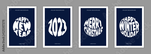 Happy new year poster set. Minimalistic trandy poster with white text on black background. Design for typography 2023 for season decoration. Merry Christmas, happy winter holiday. Text in ball form