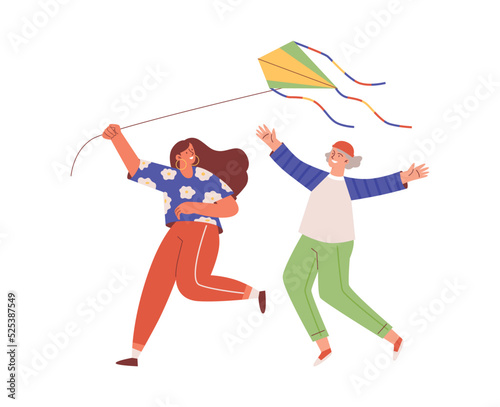 Running young people with kite flat style, vector illustration