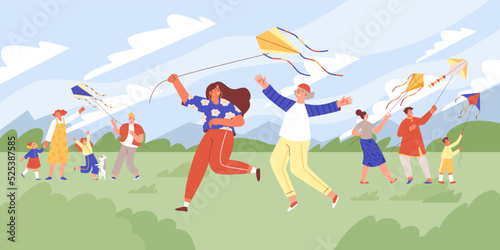 Summer meadow with families and couples flying a kite  flat vector illustration.