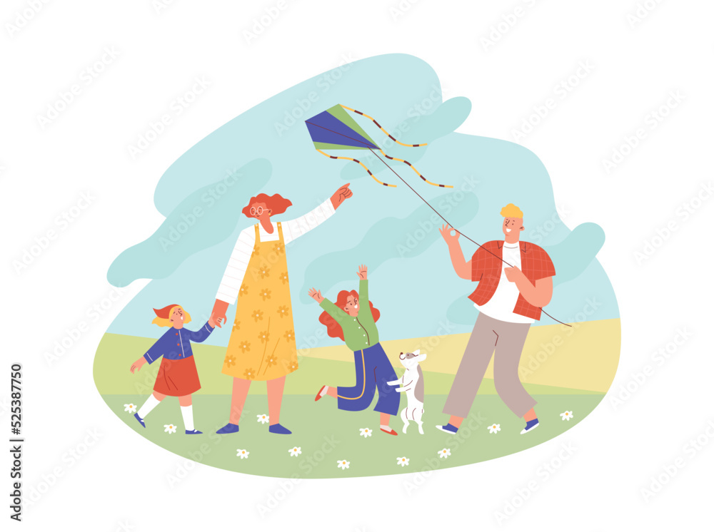 Naklejka premium Family with kids and dog flying kite in the field or park, flat vector illustration isolated on white background.