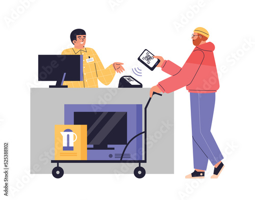 Man pays for television and kettle using QR code flat style, vector illustration