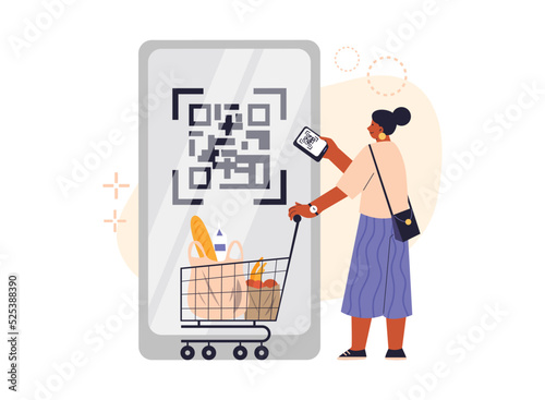 Woman with shopping cart scanning QR code for payment or information, flat vector illustration isolated on white.