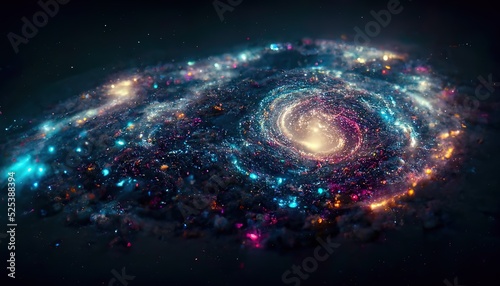 Fantasy spiral galaxy with brightly glowing stars in space