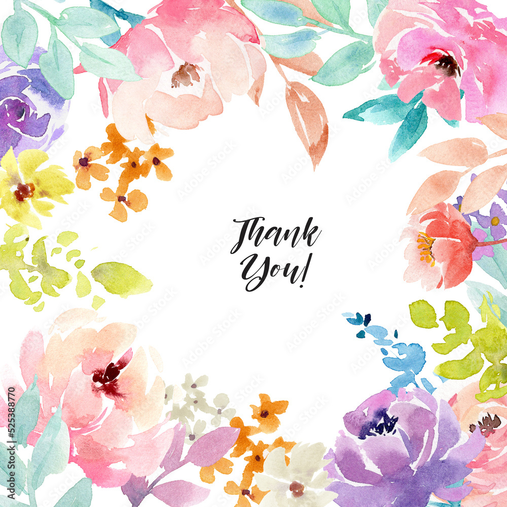 Watercolor Thank You Card with the bright rose flowers in Boho style ...