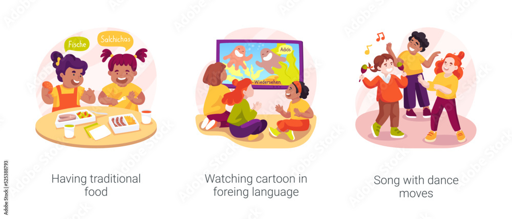 Creative learning of foreign language isolated cartoon vector illustration set