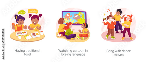 Creative learning of foreign language isolated cartoon vector illustration set