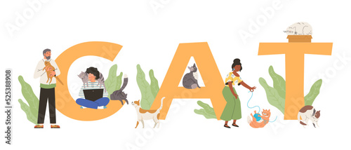 People playing and working with cats, typographic header banner, flat vector illustration isolated on white.