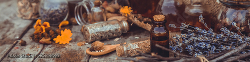 Photo Medicinal herbs and tinctures homeopathy. Selective focus.
