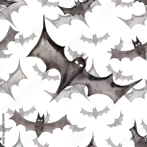 Seamless pattern with bats. Hand drawn background for Halloween party. Ink illustration. Watercolor animals ornament for wrapping paper.