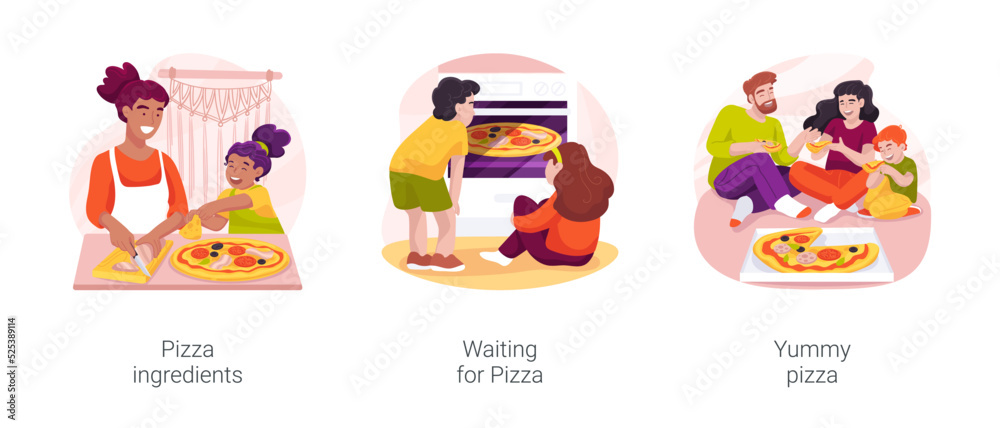 Fototapeta premium Homemade pizza isolated cartoon vector illustration set