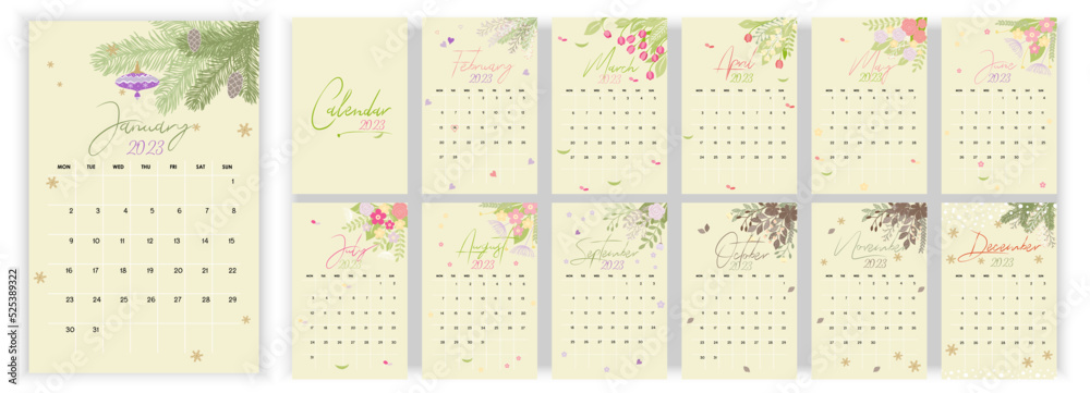 Wall Monthly Calendar 2023. Simple monthly vertical hand drawn, watercolor calendar Design 2023 in English. Cover, 12 months templates. Week starts from Monday. Vector illustration - obrazy, fototapety, plakaty 