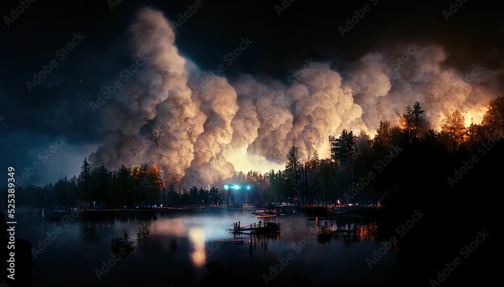 Haze on the lake at night. 3D, Raster illustration.