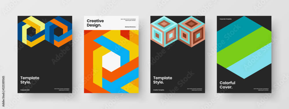 Colorful geometric pattern catalog cover illustration composition. Clean presentation vector design concept set.