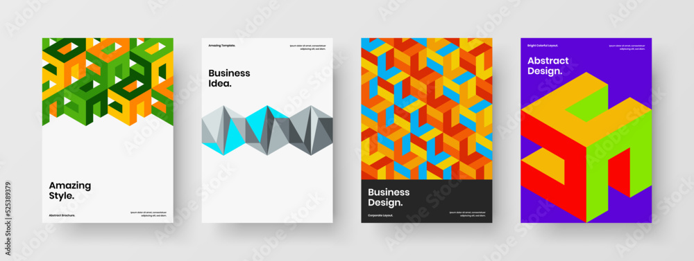 Fototapeta premium Vivid catalog cover A4 design vector template bundle. Bright geometric shapes brochure illustration composition.